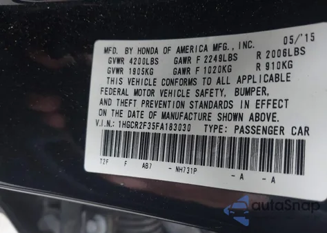 2015 Honda Accord Lx z USA, uszkodzony, nr VIN 1HGCR2F35FA183030